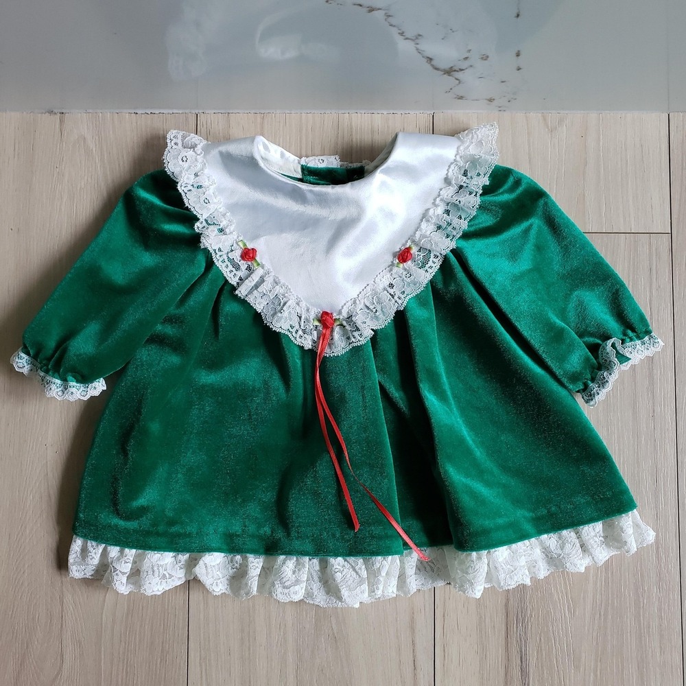 Vintage Allison Ann Dress Girls 12 Mths Green Velvet Flare Holiday Christmas USA
